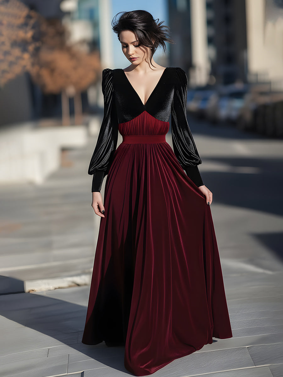 Črna Velur & Burgundska Pregibna Dolga Večerna Obleka