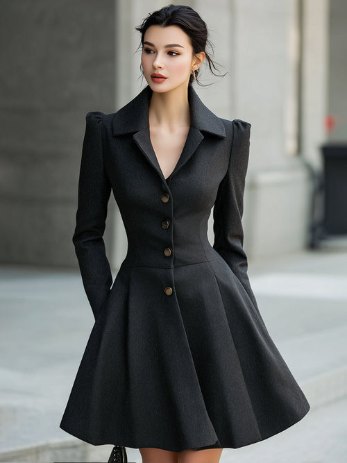 Črn Tailored Blazer Oblačilna Obleka s Širjenim Krilom