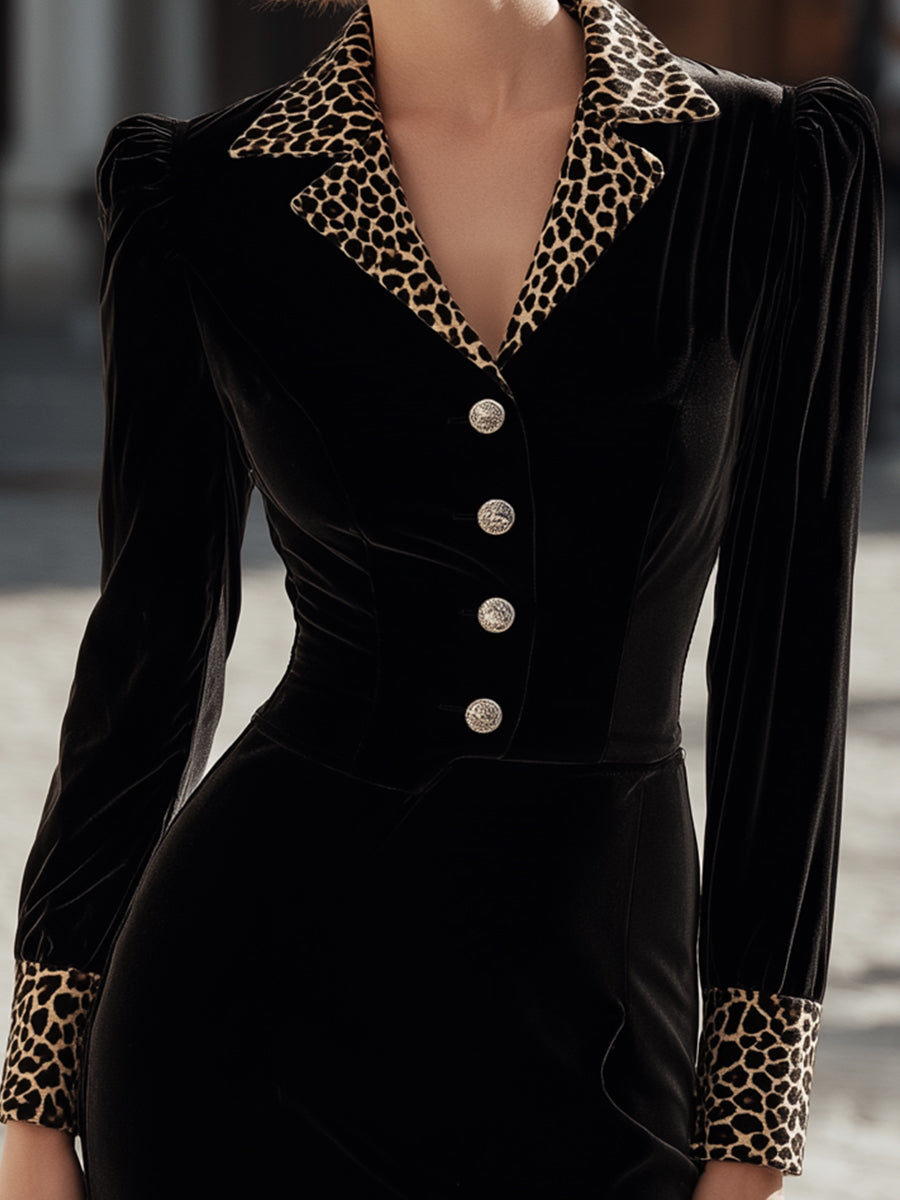 Črna Velur Obleka S Krtačo Leopard