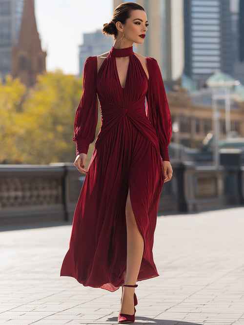 Bordeaux Pleated Cutout Maxi Obleka