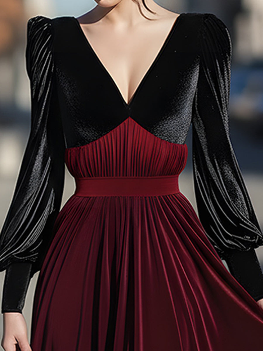 Črna Velur & Burgundska Pregibna Dolga Večerna Obleka