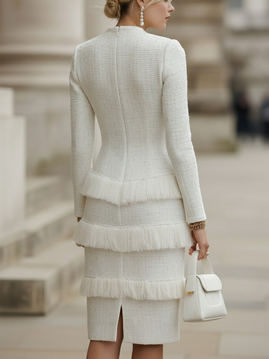 Ivory Tweed Fringed Midi Obleka