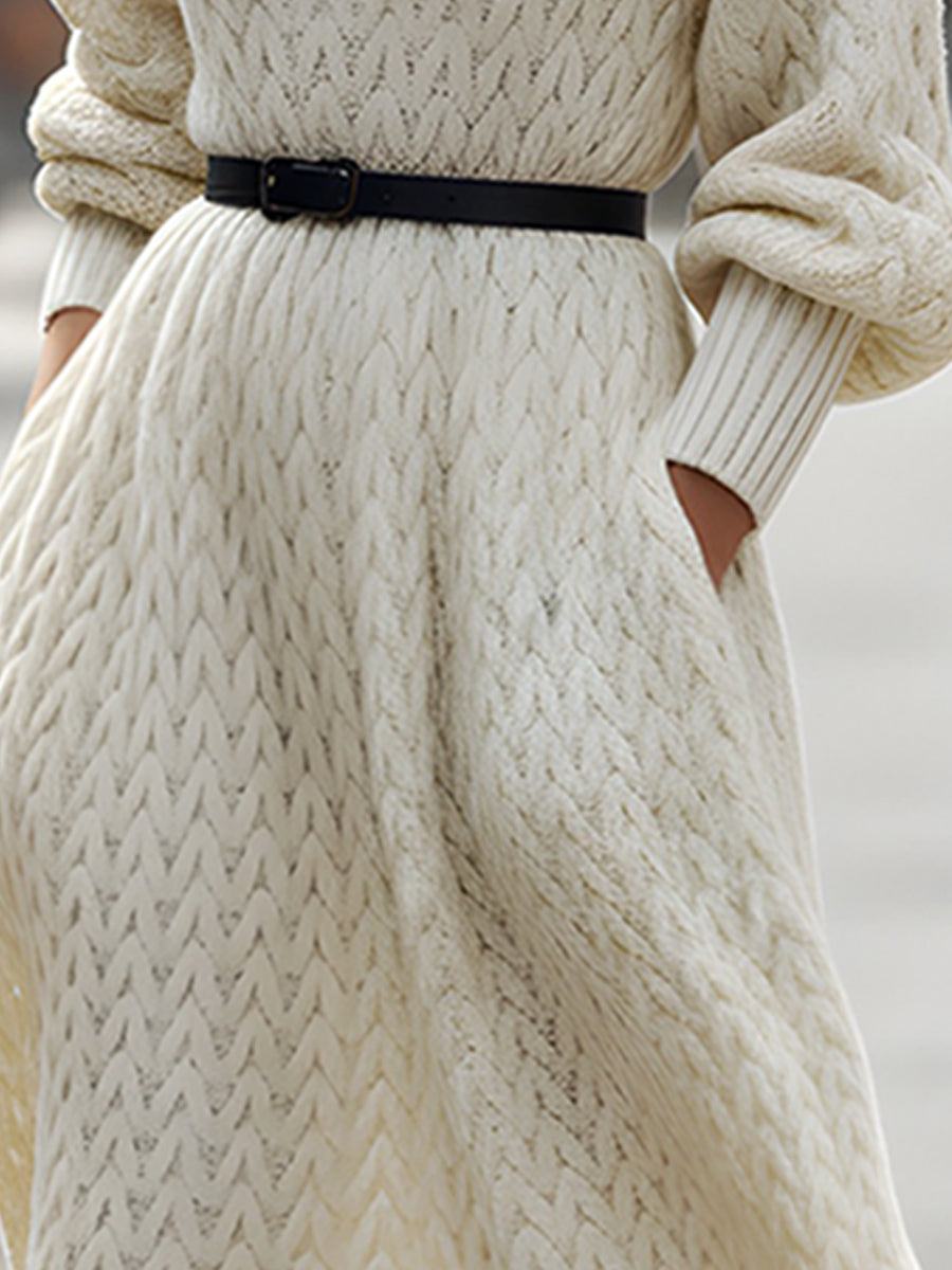 Elegantna dolga pulover obleka s turtleneck in pasom