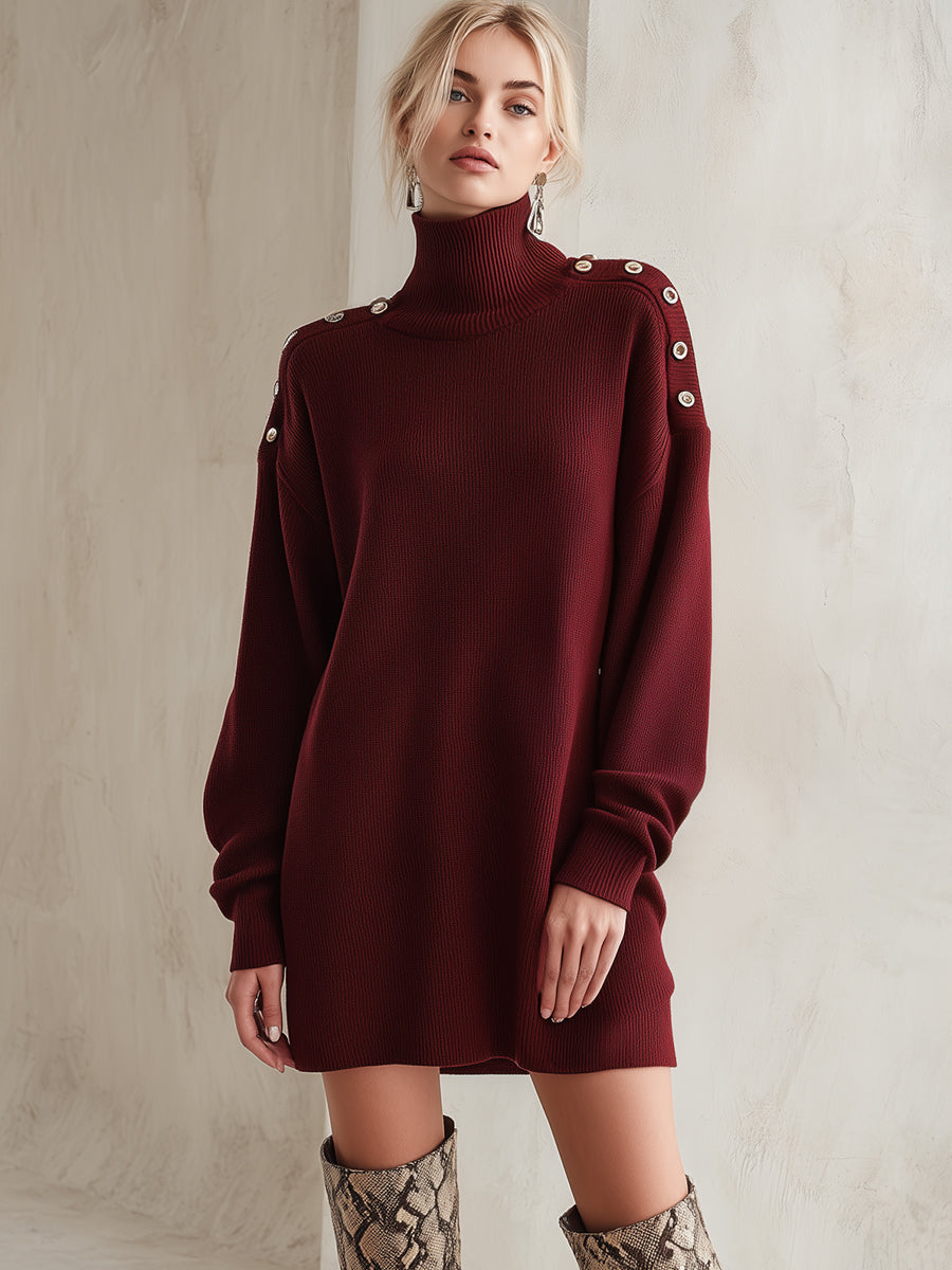 Pulover obleka s turtleneck izrezom in gumbi na ramenih