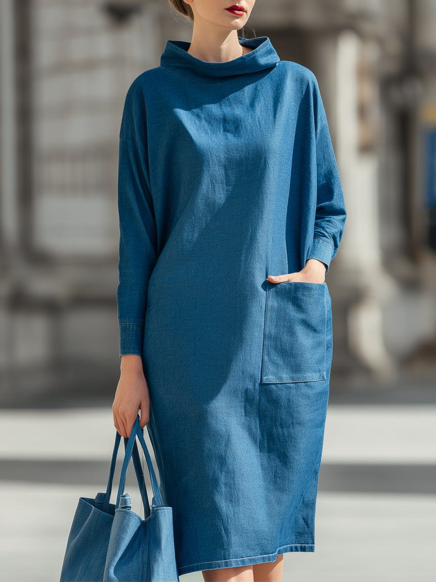 Minimalistična denim kokonska midi obleka