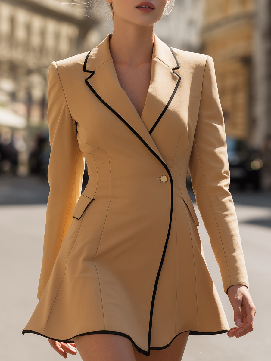 Kamelji Blazer Obleka Z Črnimi Detajli