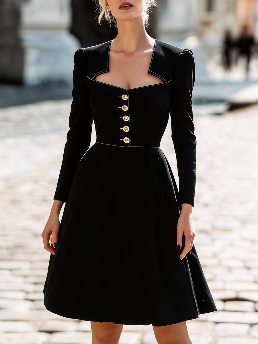 Črna oblikovana obleka A-linije s kvadratnim izrezom in gumbi