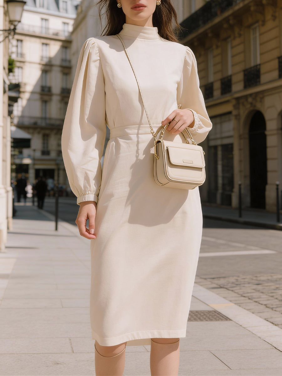 Ivory Midi obleka s puff rokavi in visokim ovratnikom