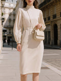 Ivory Midi obleka s puff rokavi in visokim ovratnikom