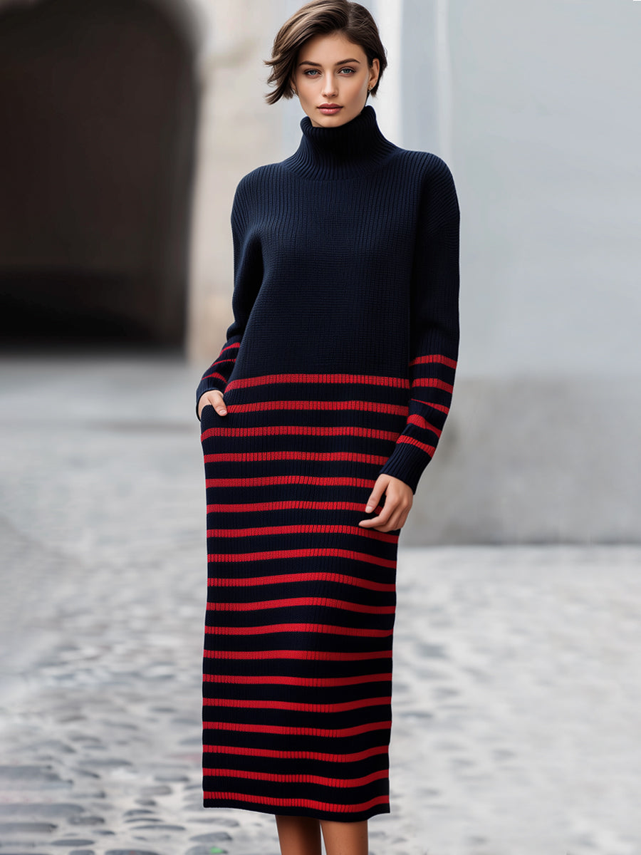 Mornarsko modra in rdeča prugasta turtleneck pletena midi obleka