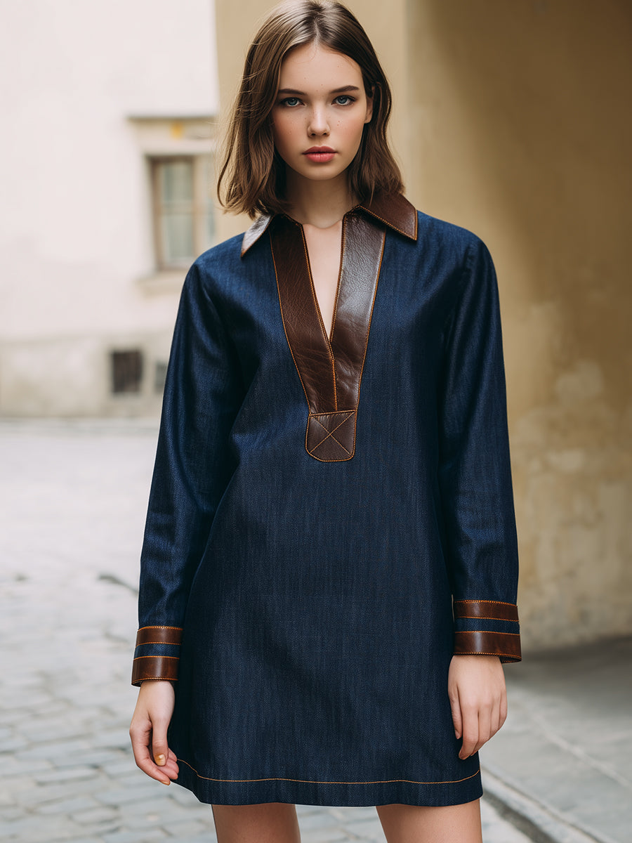 Indigo Lažni Denim Obleka z Kontrastnim Lažnim Usnjem