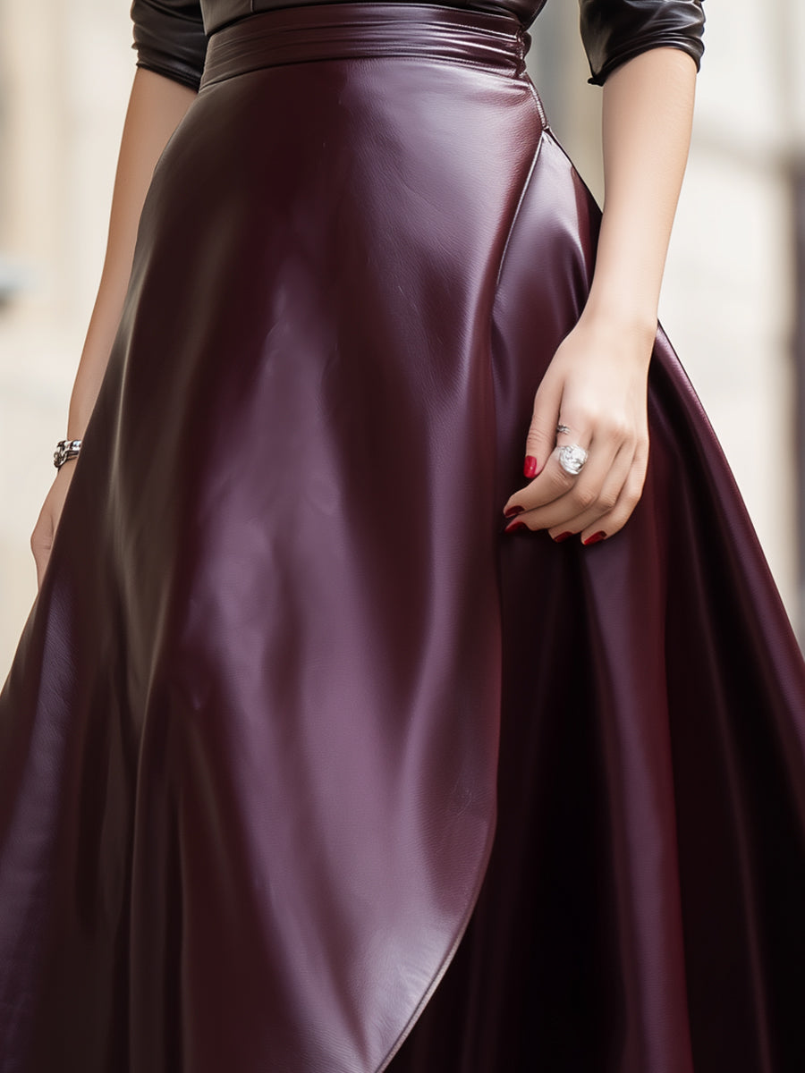 Burgundska umetna usnjena A-linijska midi krila