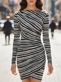 Črtasta obleka Bodycon z dolgimi rokavi