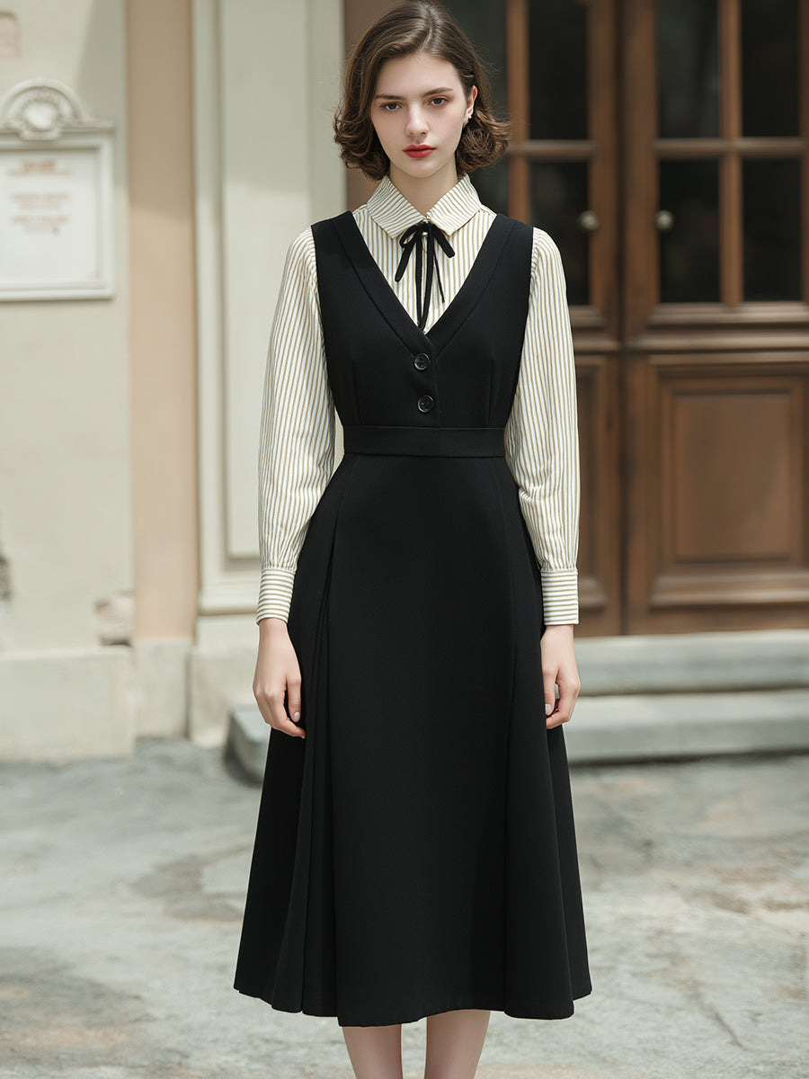 Črna V-izrez A-linija slojevita midi obleka in set s črtasto srajco