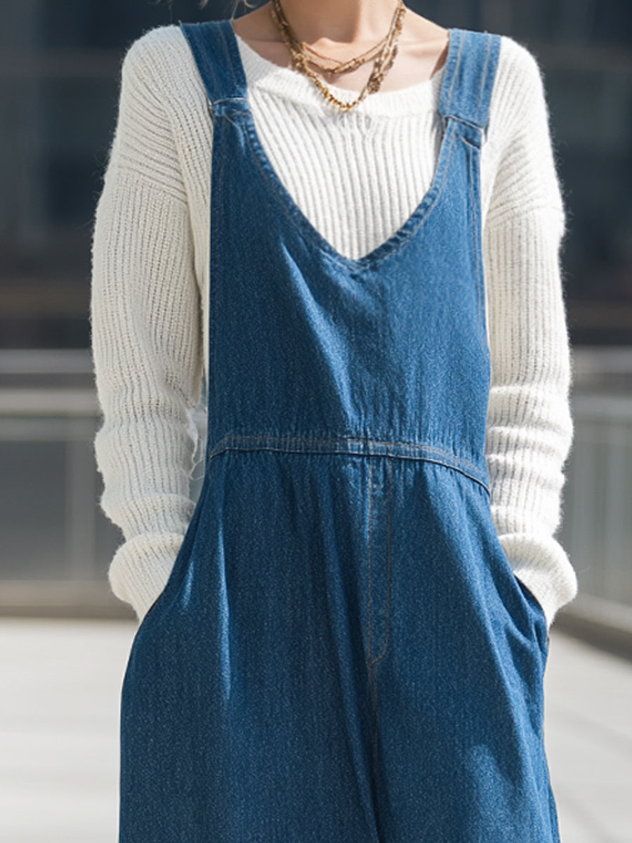 Sproščena denim obleka z širokimi hlačnicami