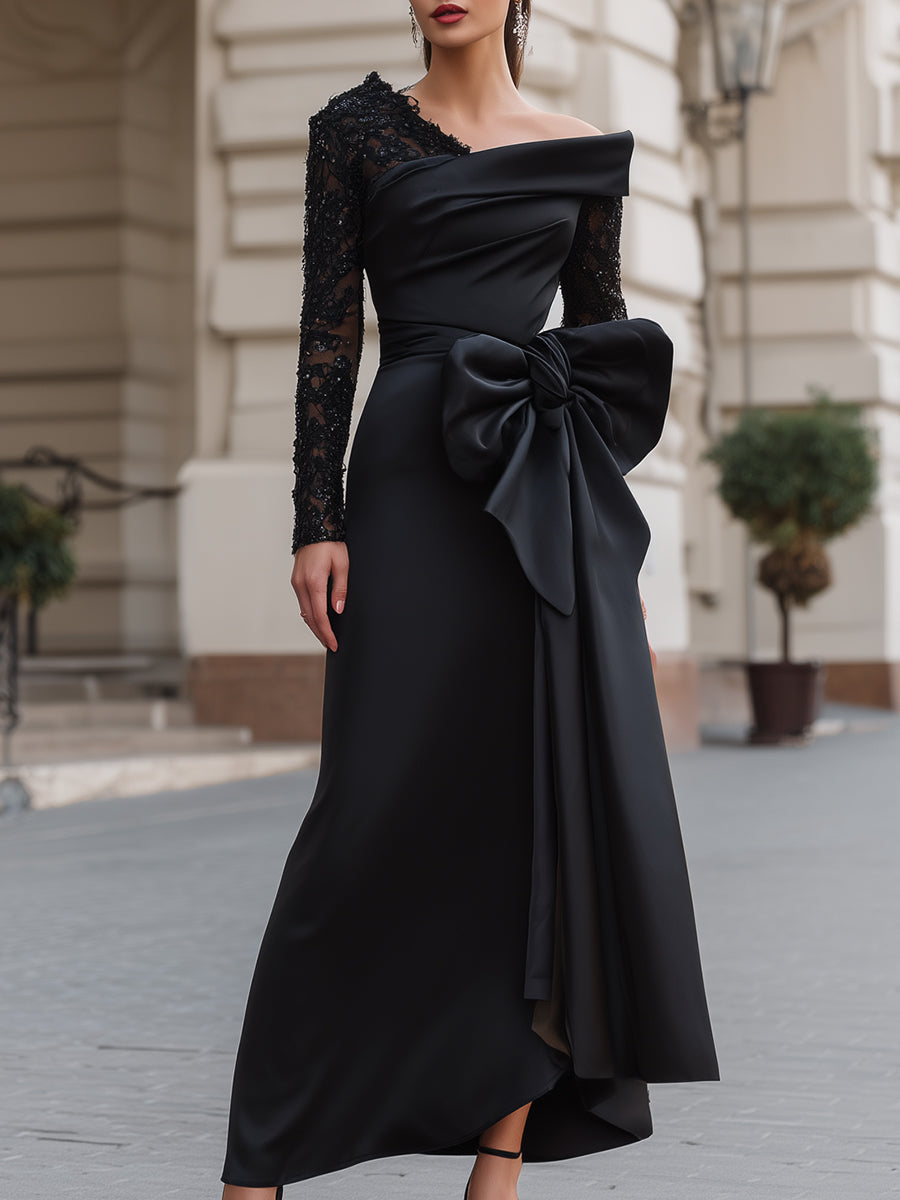 Asimetrična obleka z odprtimi rameni, okrašena s čipko in satenastim trakom