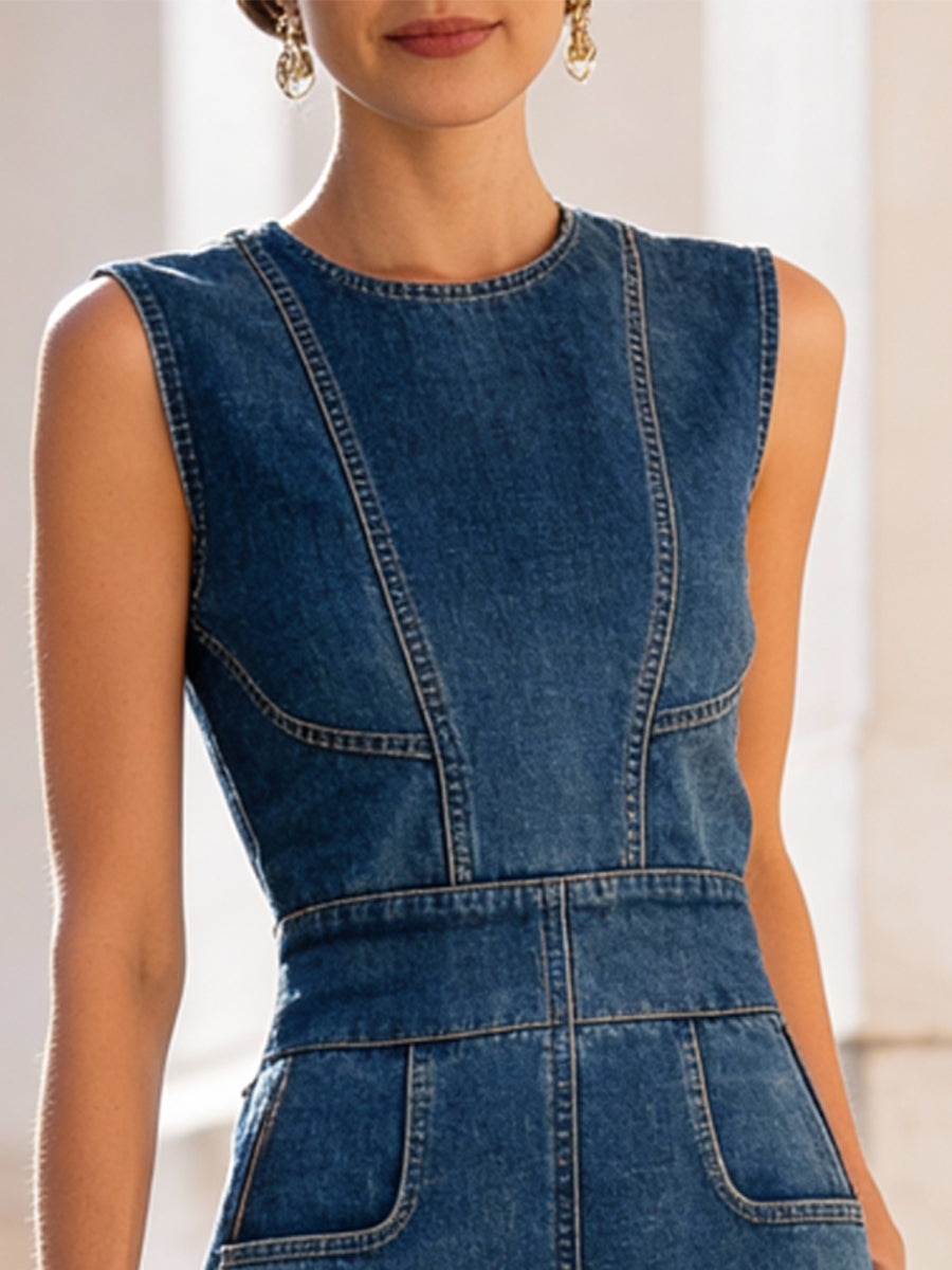 Strukturirana denim brezrokavna midi obleka