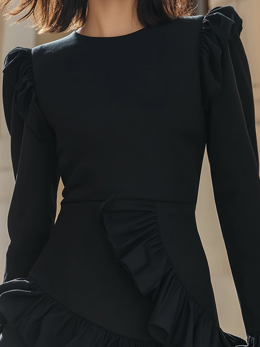Črna Ruffled Oblačila z Dolgimi Rokavi
