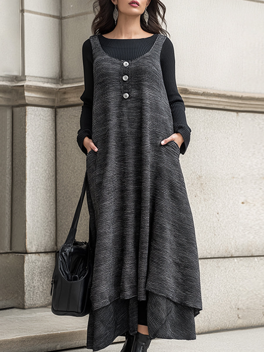 Črna in Siva Dvobarvna Maxi Obleka s Gumbi