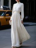 Ivory Pleated Maxi Dress With High Neckline