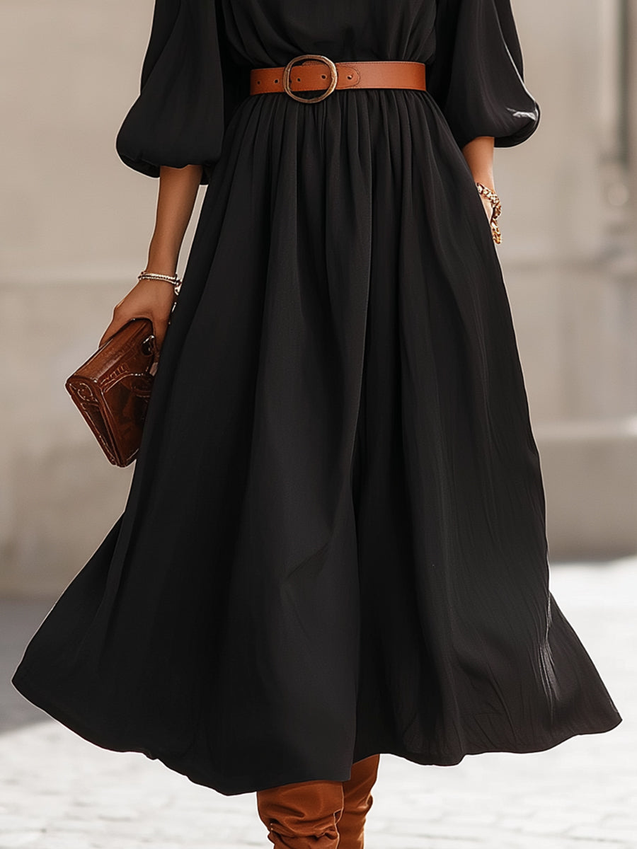 Črna midi obleka s pufastimi rokavi in pasom