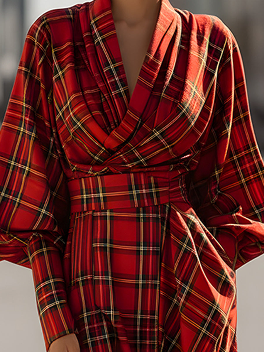 Rdeča tartan obleka midi z draperijo