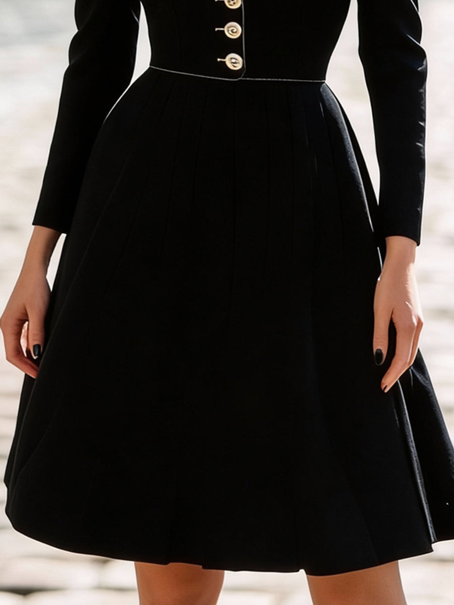 Črna oblikovana obleka A-linije s kvadratnim izrezom in gumbi