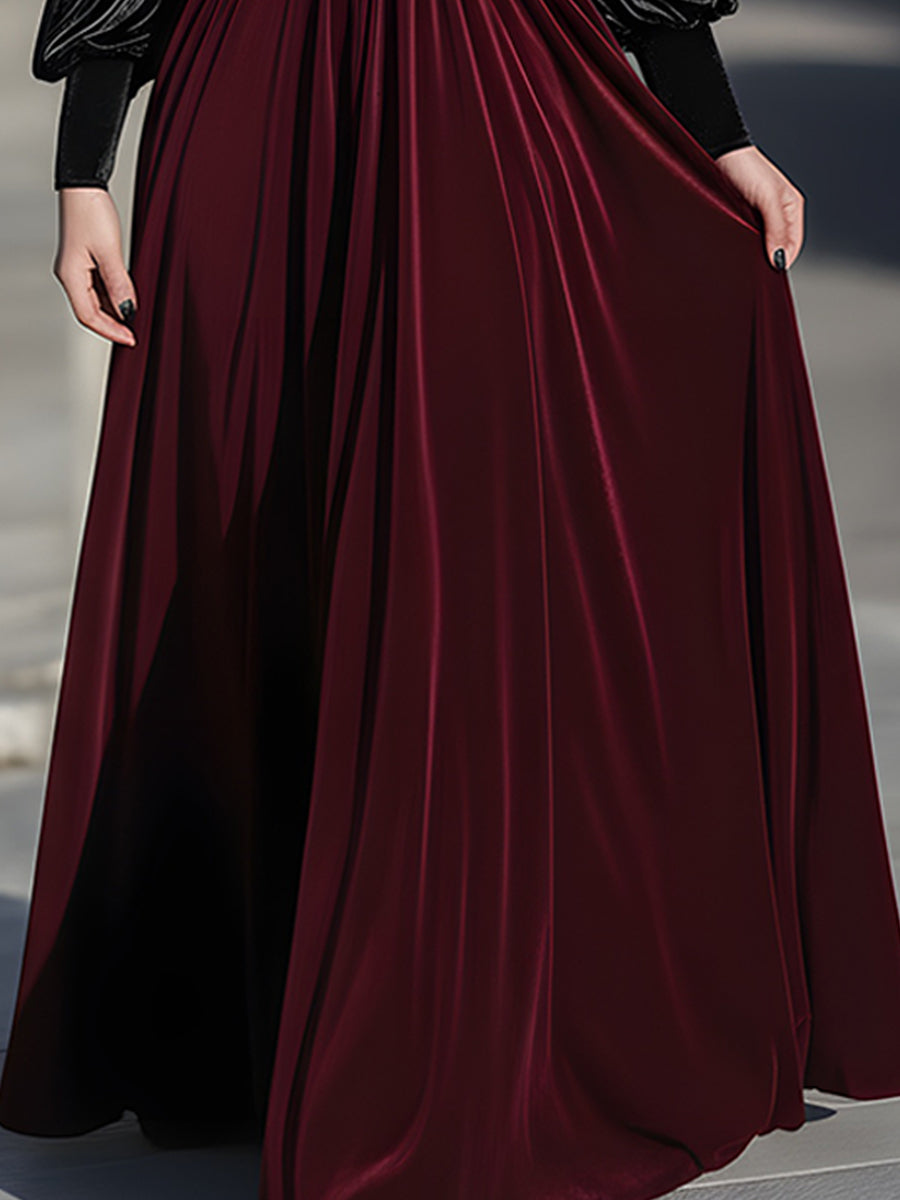 Črna Velur & Burgundska Pregibna Dolga Večerna Obleka