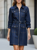 Mornarsko modra pasovana denim obleka