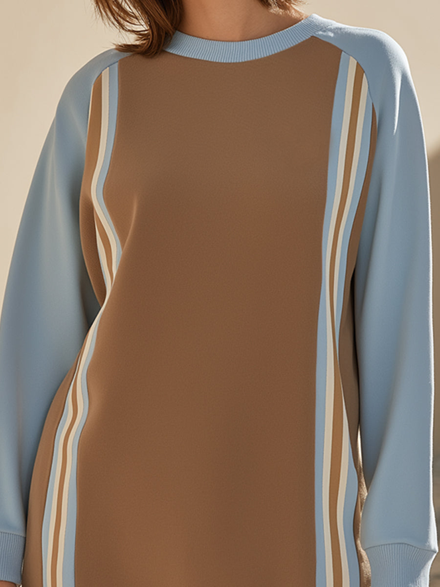 Barvno blokirana športna črtasta obleka s dolgimi rokavi