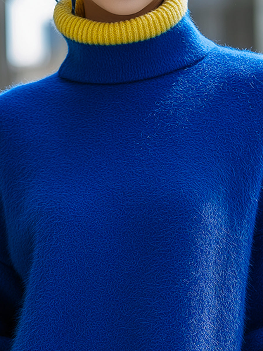 Barvno blokirana turtleneck udobna pletena obleka