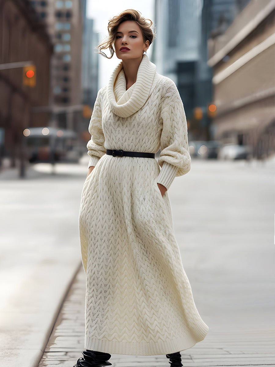 Elegantna dolga pulover obleka s turtleneck in pasom