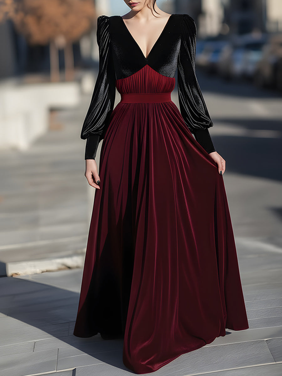 Črna Velur & Burgundska Pregibna Dolga Večerna Obleka