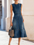 Strukturirana denim brezrokavna midi obleka