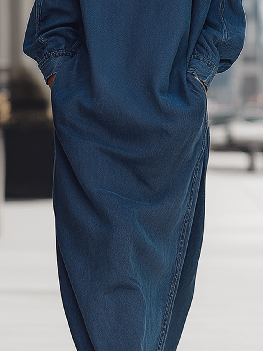 Sproščena denim maxi obleka v obliki kokona