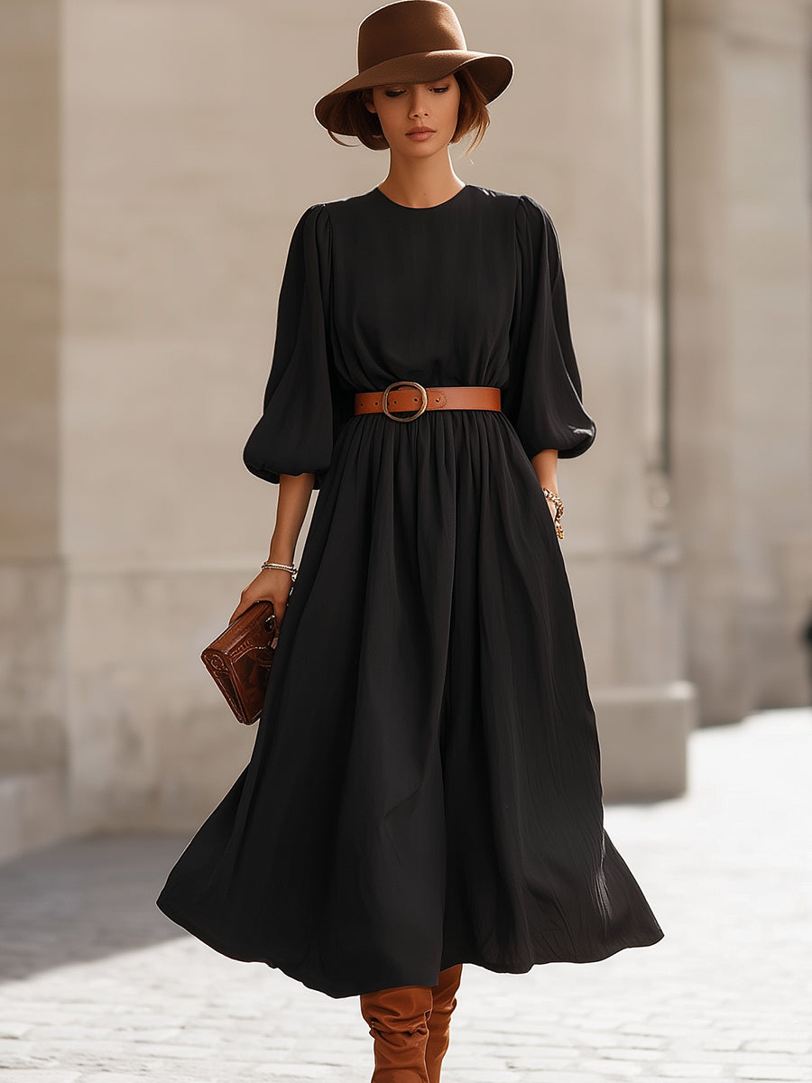 Črna midi obleka s pufastimi rokavi in pasom