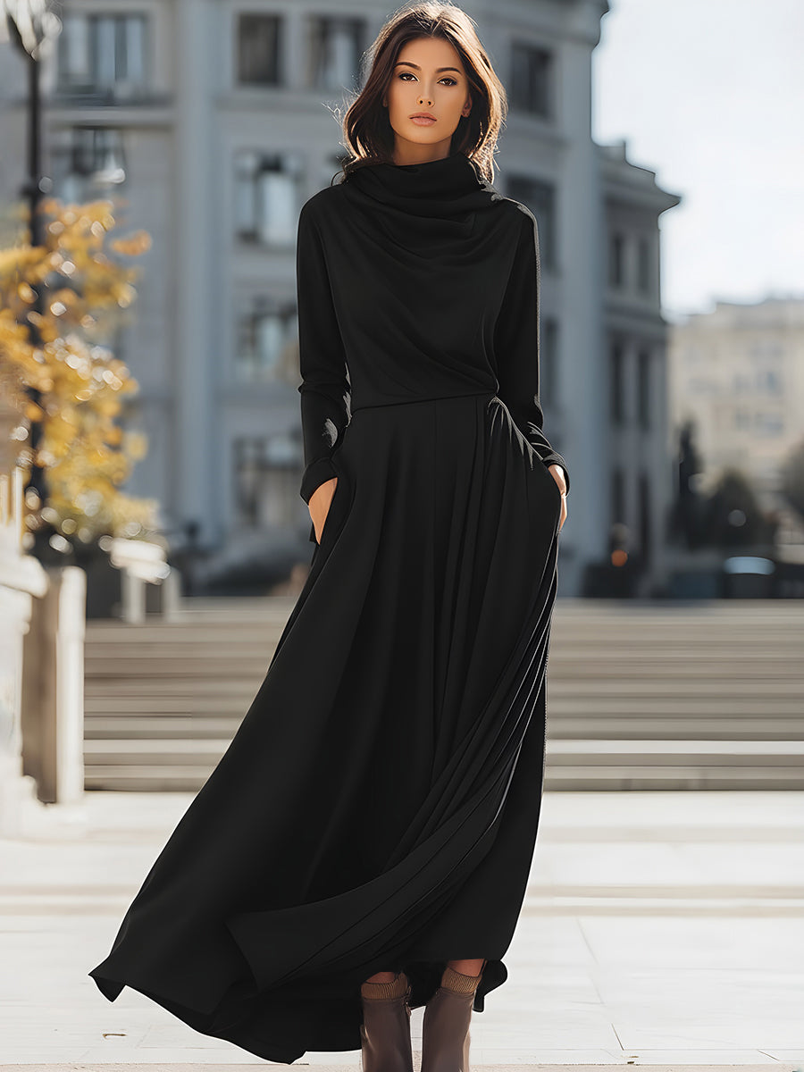 Elegantna črna drapirana maxi obleka s kapuco