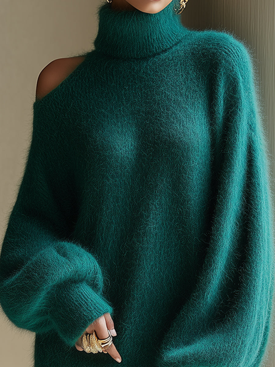 Zeleni pulover s turtleneck in off-shoulder krojem