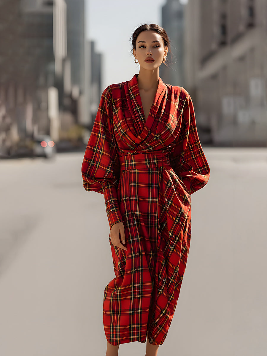 Rdeča tartan obleka midi z draperijo