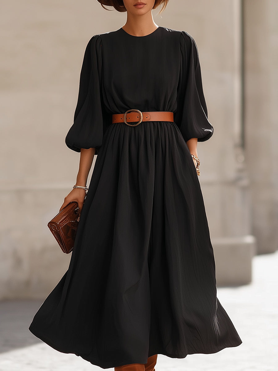 Črna midi obleka s pufastimi rokavi in pasom