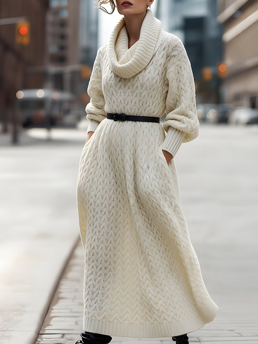 Elegantna dolga pulover obleka s turtleneck in pasom