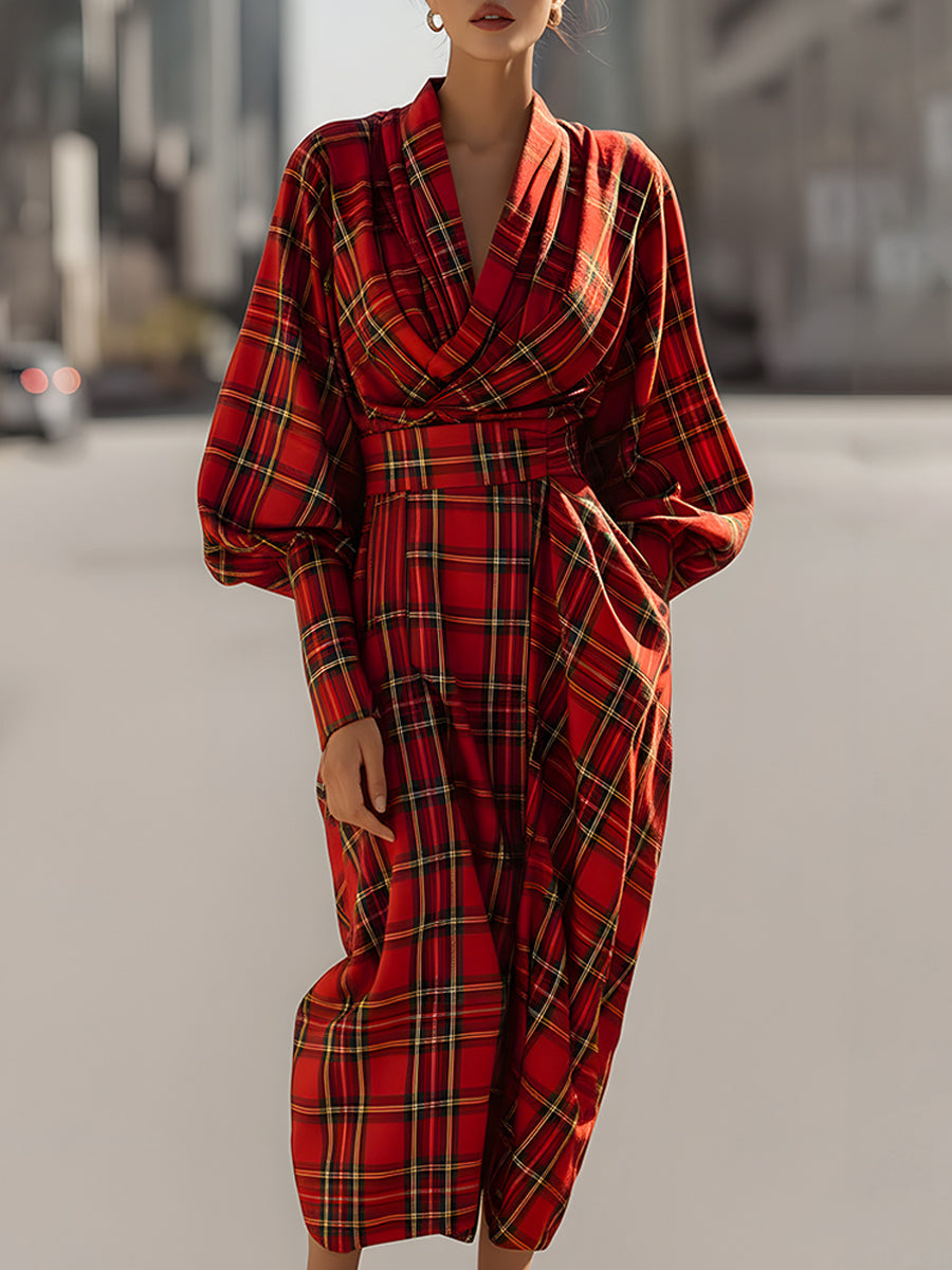 Rdeča tartan obleka midi z draperijo