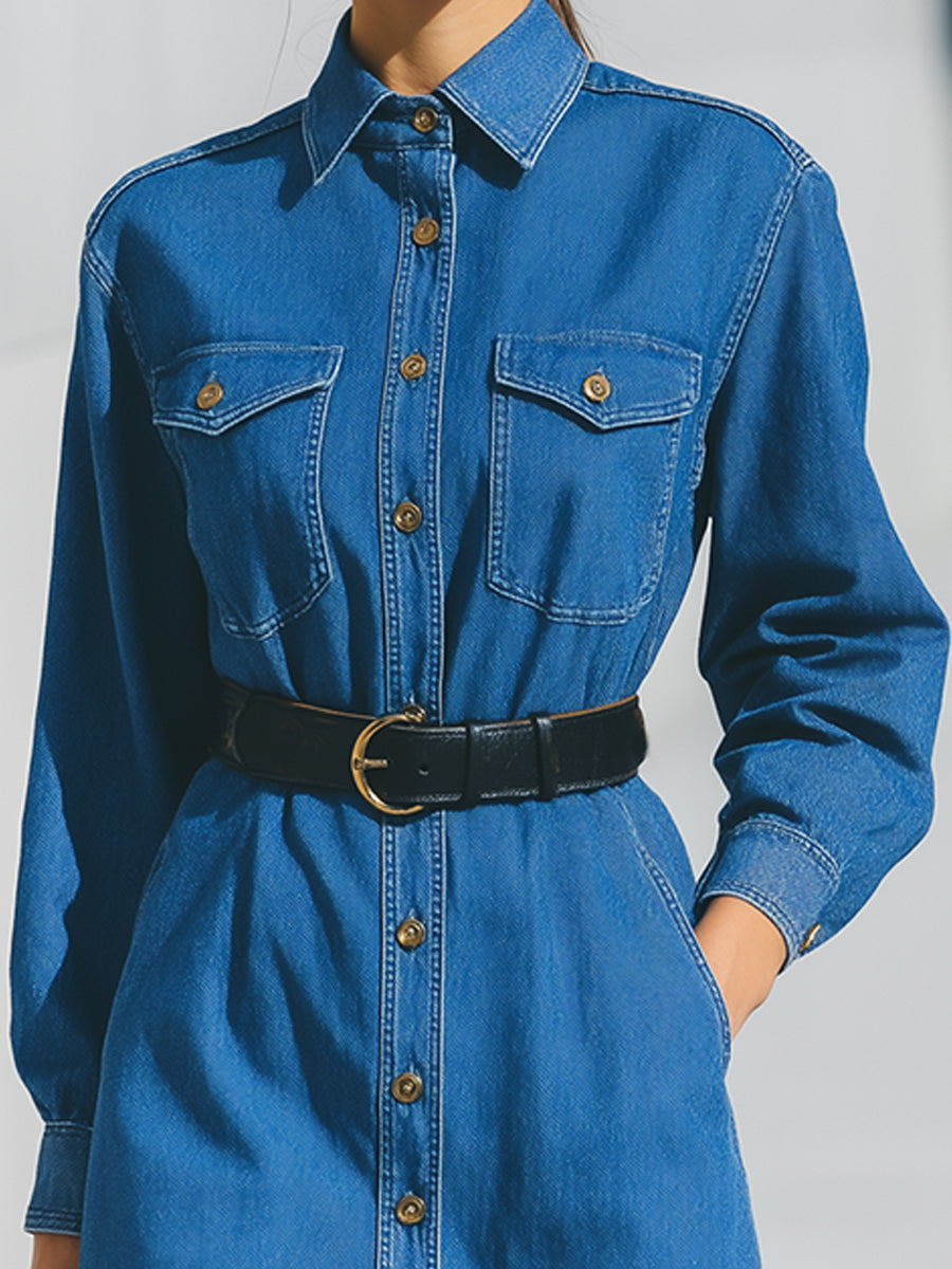 Denim srajčna obleka z pasom v klasični modri barvi