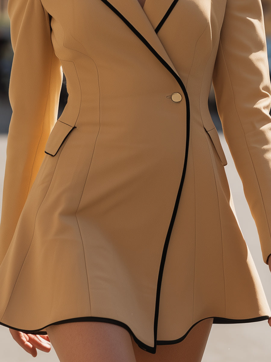 Kamelji Blazer Obleka Z Črnimi Detajli