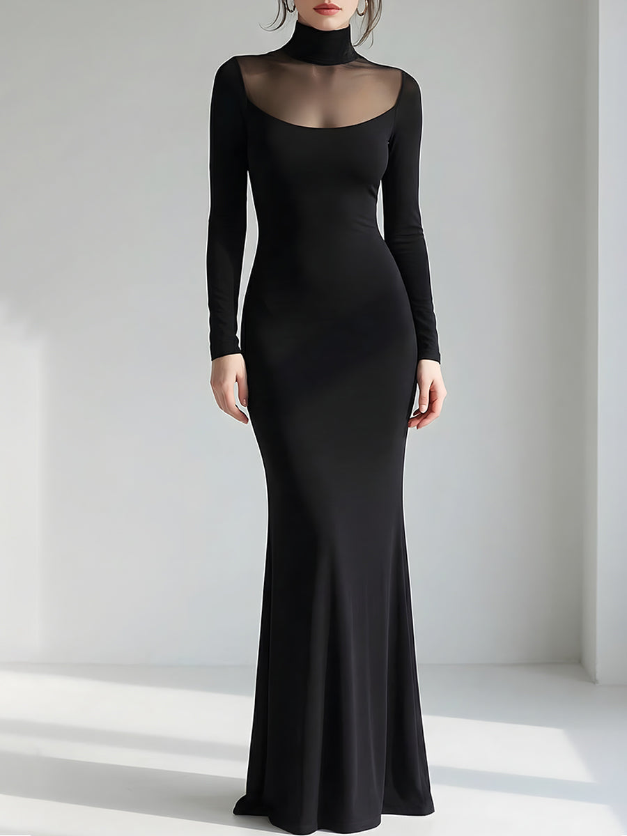 Črna večerna obleka z visokim ovratnikom in prozornimi paneli