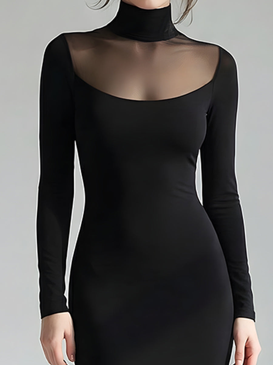 Črna večerna obleka z visokim ovratnikom in prozornimi paneli