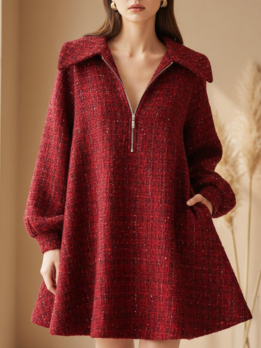 Globoko Rdeča Zip-Front A-Line Tweed Obleka