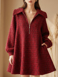 Globoko Rdeča Zip-Front A-Line Tweed Obleka
