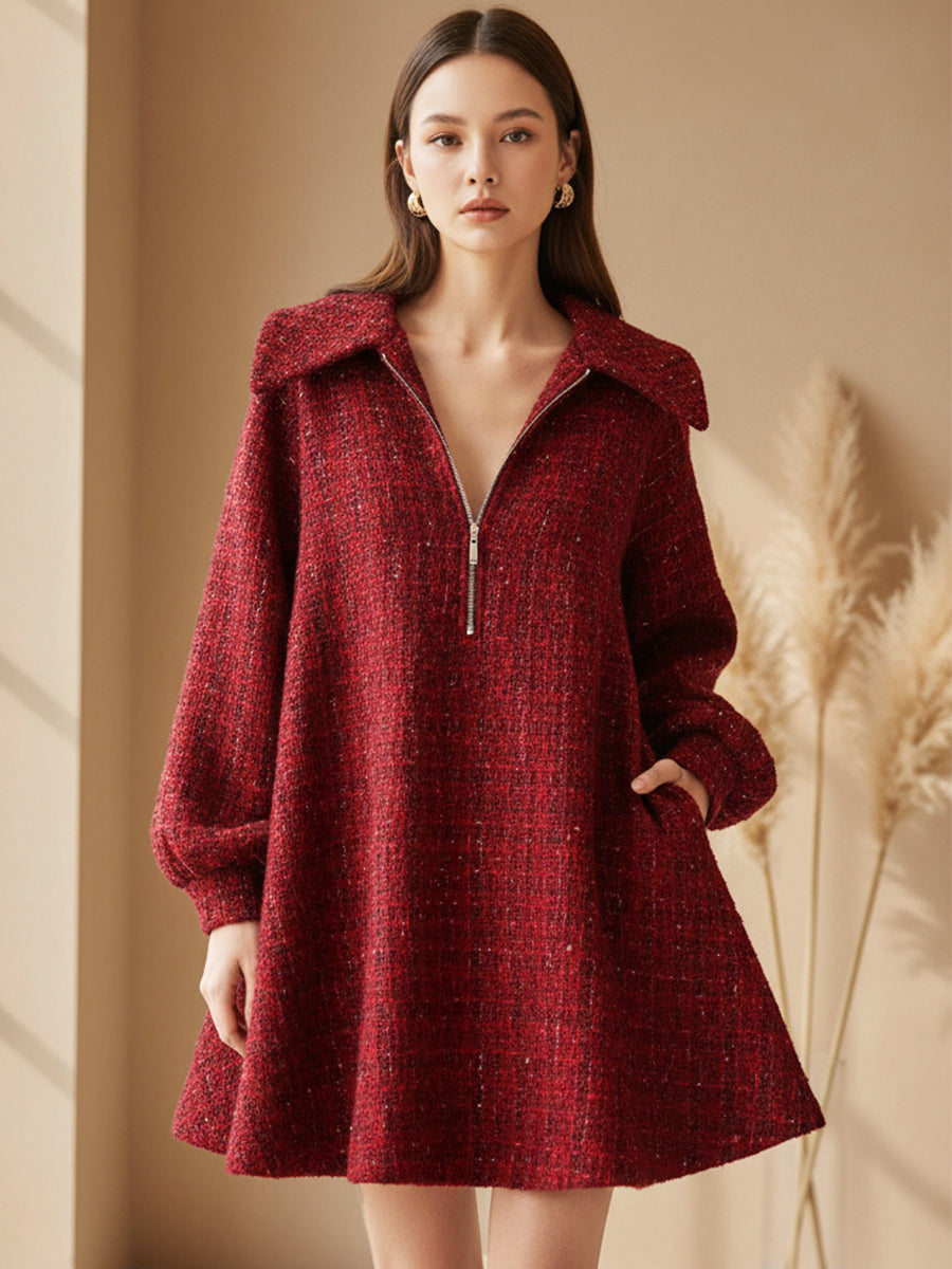 Globoko Rdeča Zip-Front A-Line Tweed Obleka