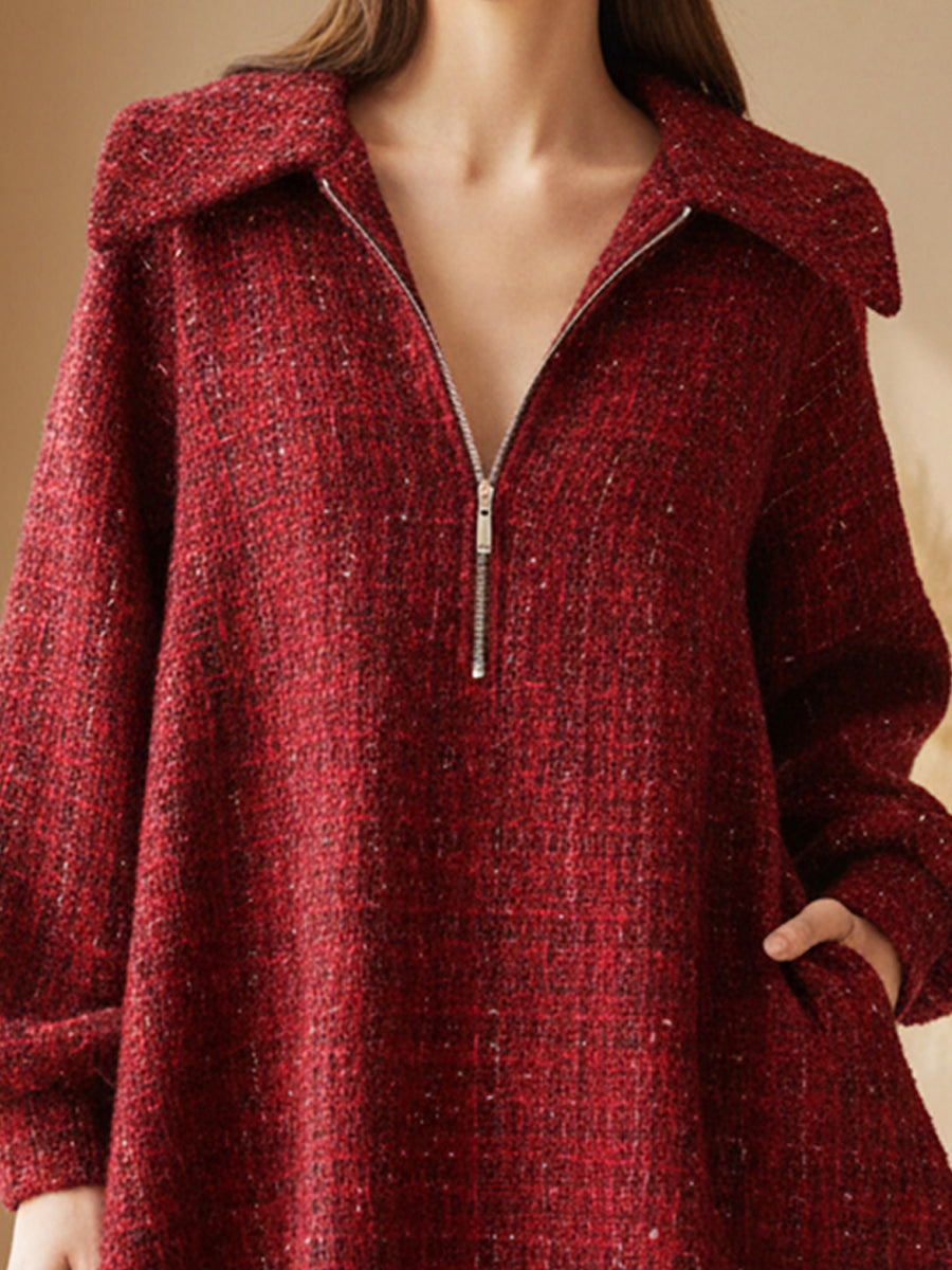 Globoko Rdeča Zip-Front A-Line Tweed Obleka